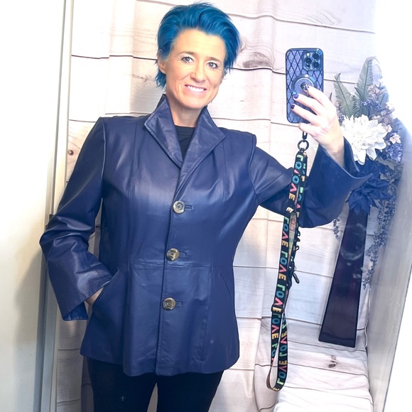 •NWOT VINTAGE |•TERRY LEWIS•| Purple Leather Blazer Jacket Size Medium - Picture 2 of 16